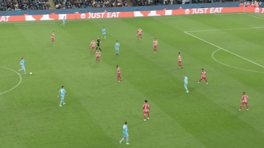 Retranca de Simeone teve duas linhas de cinco jogadores no Manchester City x Atlético de Madri - Reprodução/TV