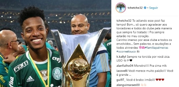 Tchê Tchê escreveu mensagem para os torcedores do Palmeiras - Reprodução