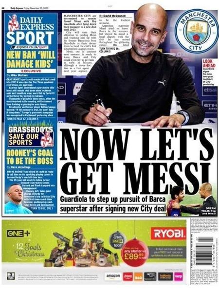 Jornais ingleses pedem Messi no Manchester City - Reprodução/Daily Express