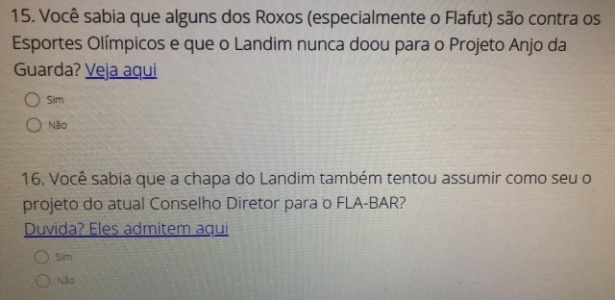 Em outras perguntas da pesquisa Landim e a chapa de oposição são citados diretamente - Reprodução - Reprodução