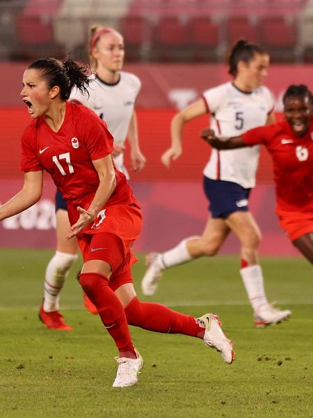 Jessie Fleming comemora gol do Canada marcado contra os EUA, pela semifinal do futebol feminino das Olimpíadas de Tóquio-2020