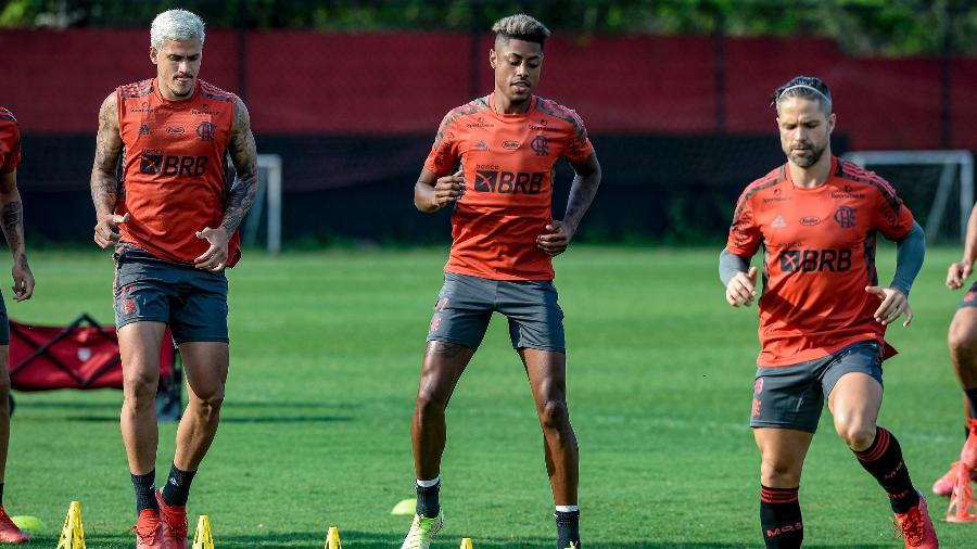 Pedro, Bruno Henrique e Diego Ribas em treino do Flamengo - Marcelo Cortes/CRF
