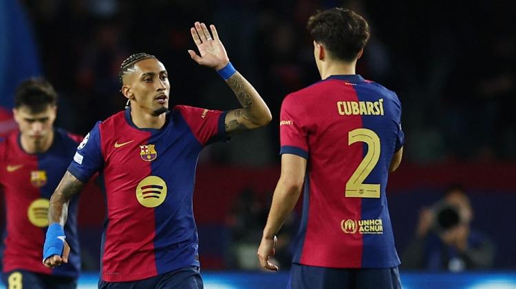 Raphinha comemora gol marcado pelo Barcelona contra a Inter de Milão na Champions Raphinha comemora gol marcado pelo Barcelona contra a Inter de Milão na Champions