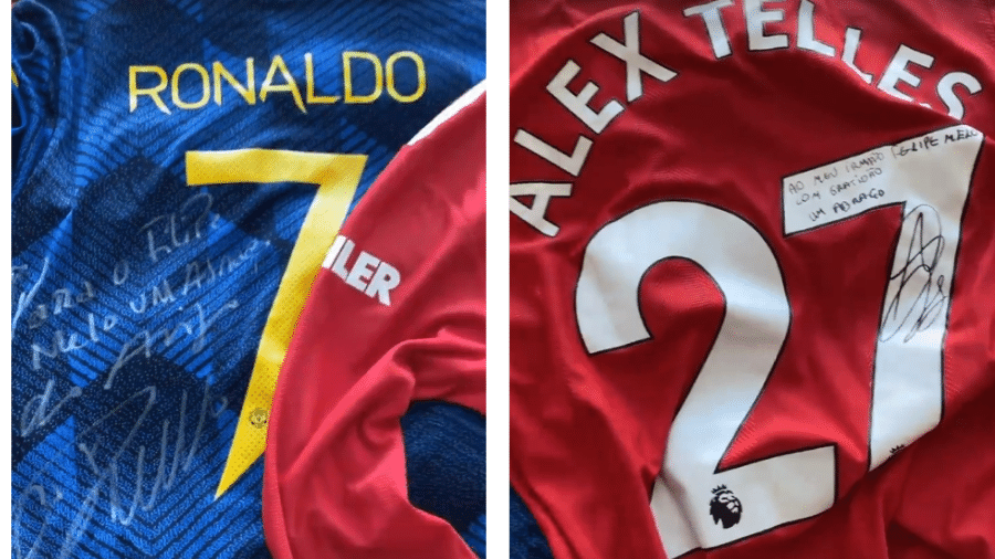 O volante Felipe Melo recebeu de presente duas camisas do Manchester United autografadas por Cristiano Ronaldo e Alex Telles - Reprodução/Instagram