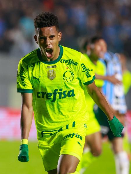Estêvão comemora gol marcado pelo Palmeiras contra o Grêmio, pelo Brasileirão