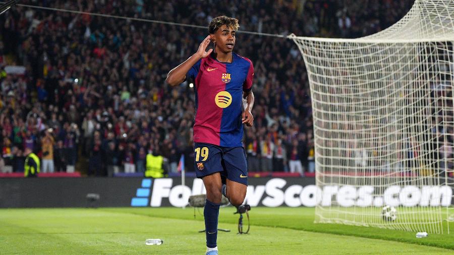 Lamine Yamal comemora gol do Barcelona contra o Borussia Dortmund pela Liga dos Campeões Lamine Yamal comemora gol do Barcelona contra o Borussia Dortmund pela Liga dos Campeões