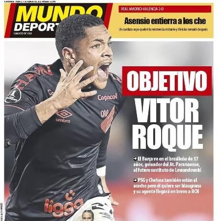 Vitor Roque, destaque do Athletico, foi capa do jornal espanhol Mundo Desportivo - Divulgação/Mundo Deportivo