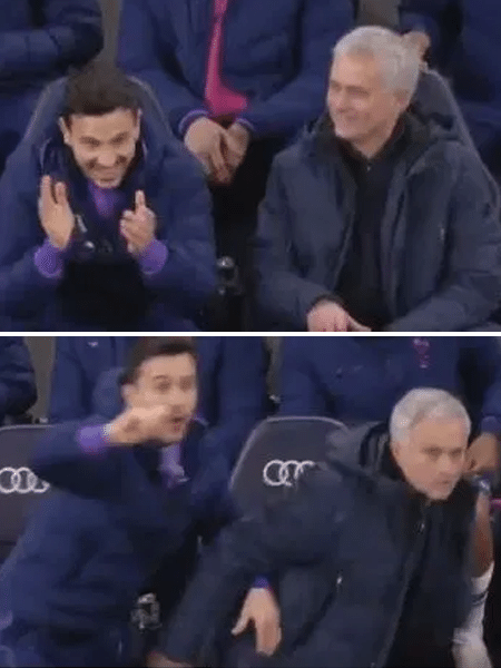 02.fev.2020 - Mourinho protagoniza momento cômico no jogo do Tottenham contra o City, pelo Inglês - Reprodução