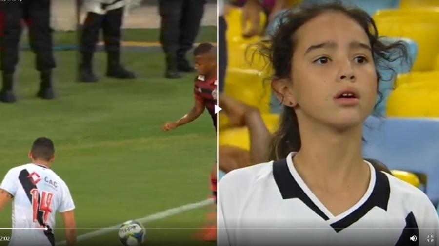 Pequena vascaína Mariana viralizou por imagem segundos antes do gol de Arrascaeta - Reprodução / TV Globo