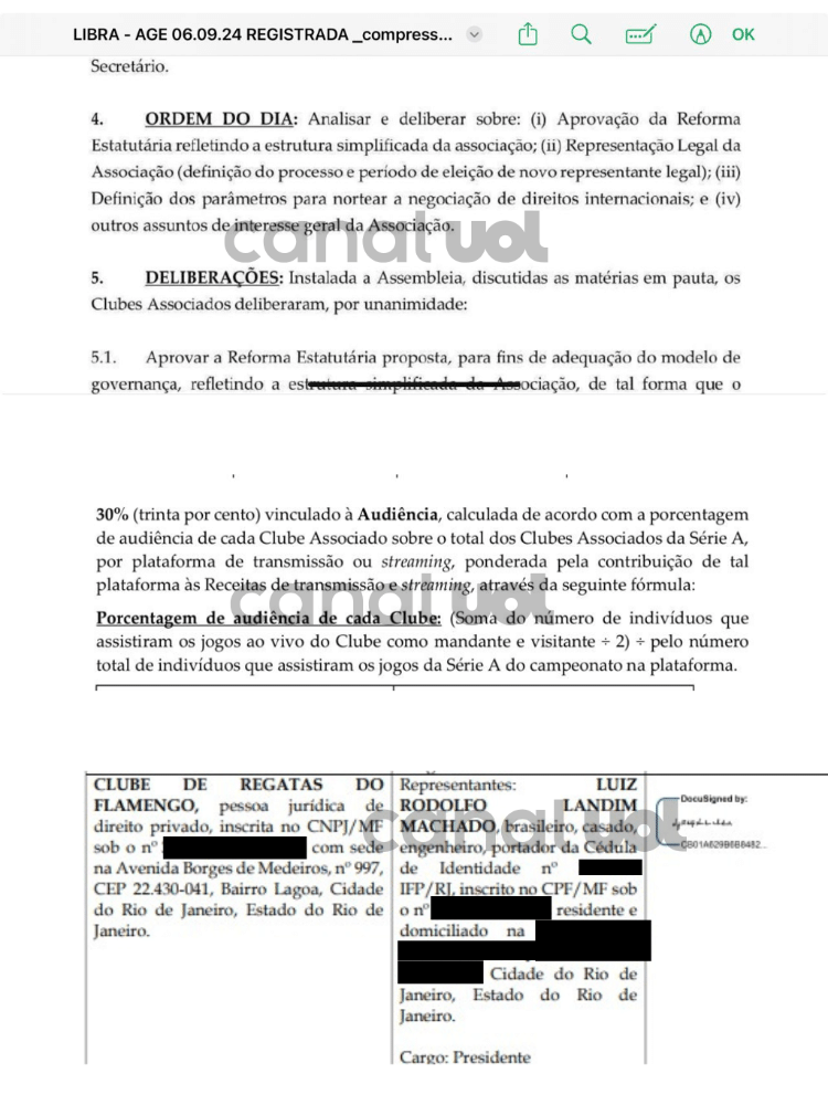 Documento da Libra que mostra assinatura eletrônica de Landim em aprovação de divisão de receitas