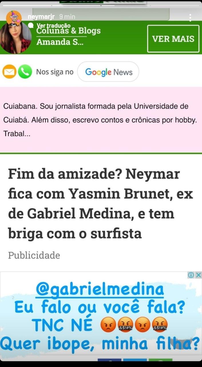 Neymar critica jornalista por matéria sobre Medina e Yasmin Brunet