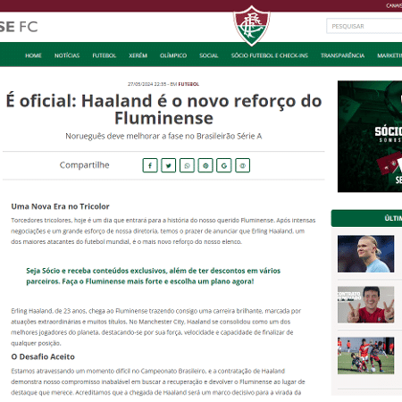 Post no site do Fluminense anunciando a contratação de Haaland