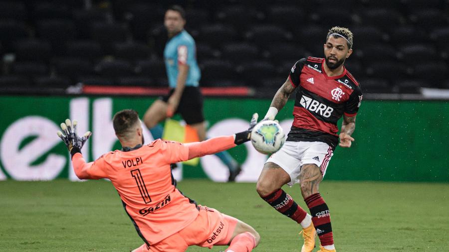 Gabigol finaliza na saída de Tiago Volpi para empatar a partida para o Flamengo - André Mourão/Foto FC/UOL