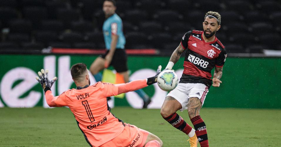 Gabigol finaliza na saída de Tiago Volpi para empatar a partida para o Flamengo