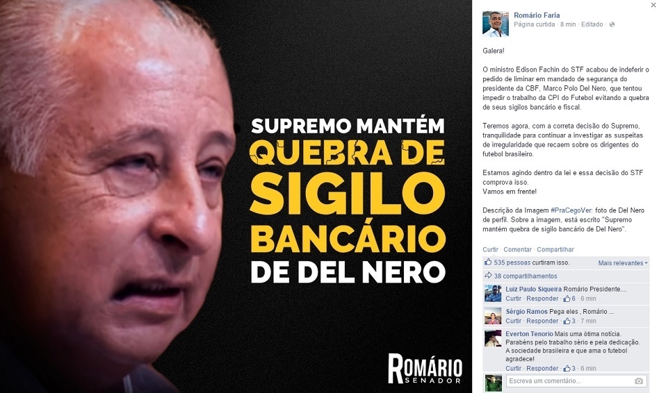 Romário posta decisão do STF em sua página no Facebook