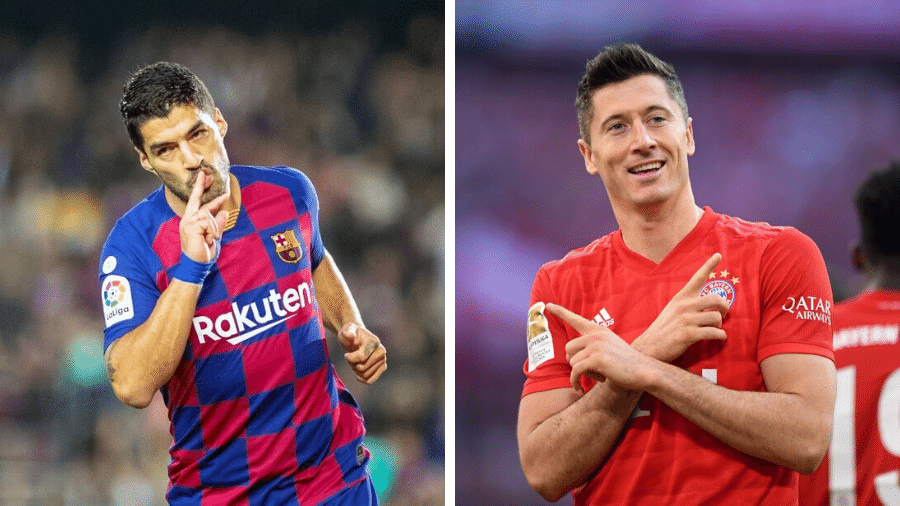 Suárez, atacante do Barcelona, e Lewandowski, do Bayern de Munique, vão se enfrentar nas quartas de final da Liga dos Campeões - Corbis/Getty Images e Bongarts/Getty Images