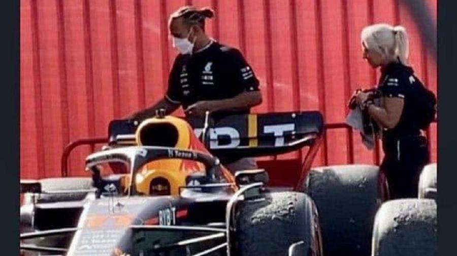 Trecho do vídeo que mostra Lewis Hamilton próximo à asa de carro da Red Bull em Barcelona - Reprodução