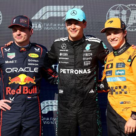 Os três primeiros do GP do Canadá: Russell (centro), Verstappen (esq) e Piastri (dir) Os três primeiros do GP do Canadá: Russell (centro), Verstappen (esq) e Piastri (dir)