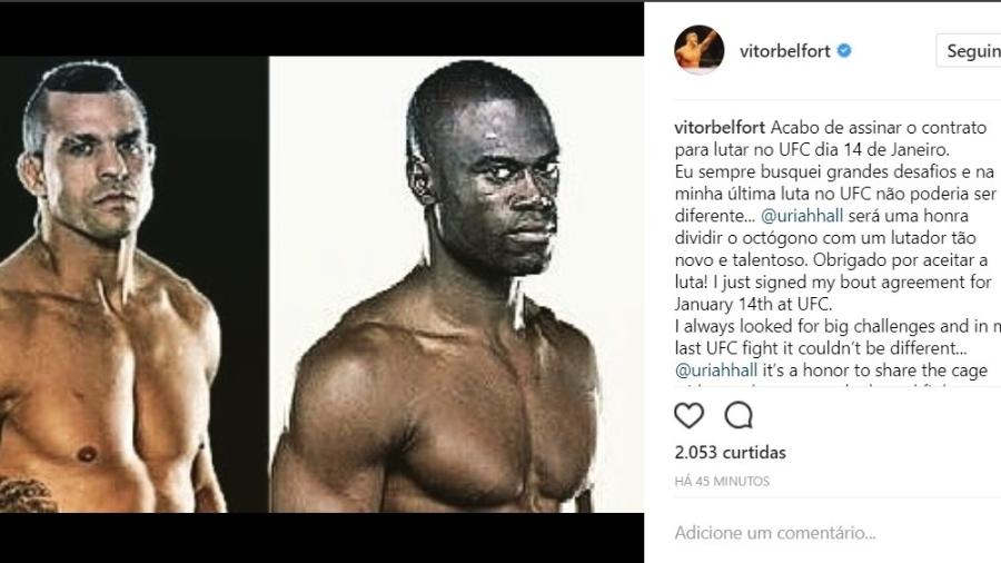 Vitor Belfor anuncia luta no UFC contra Uriah Hall - Reprodução/Instagram