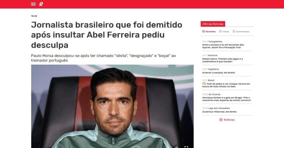 Jornal Record, de Portugal, repercute demissão de Paulo Morsa após ofensas ao técnico Abel Ferreira