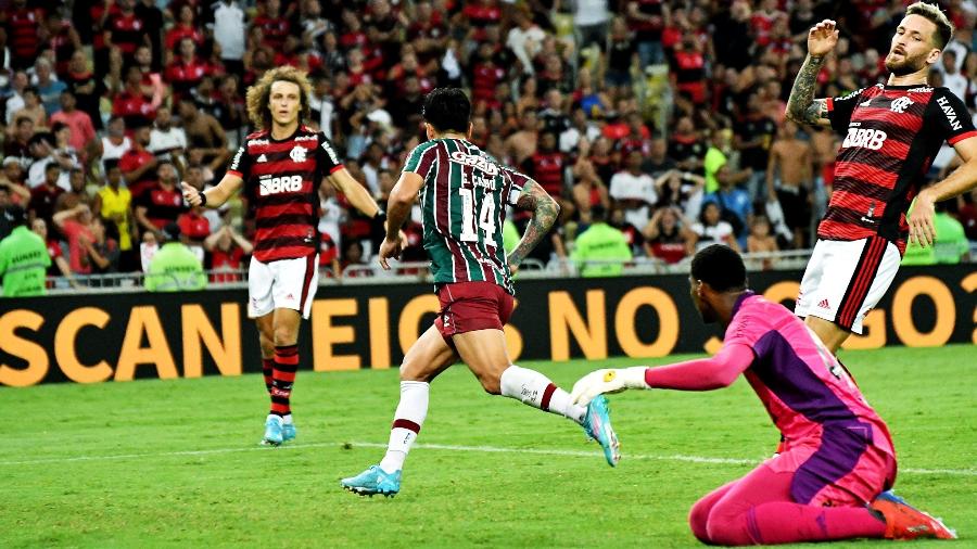 Cano, do Fluminense, celebra gol marcado contra o Flamengo, no primeiro jogo da final do Carioca - Mailson Santana/Fluminense FC