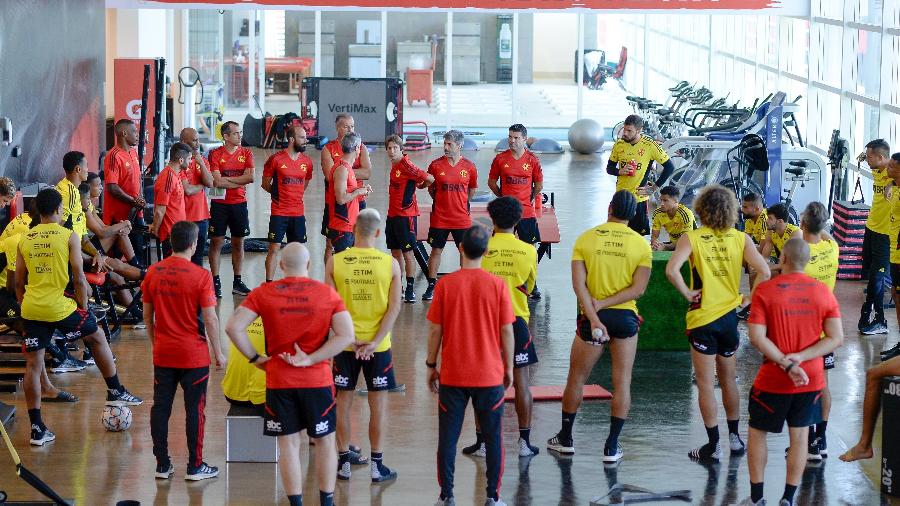 Jogadores do Flamengo na academia no CT Ninho do Urubu - Marcelo Cortes/Flamengo 