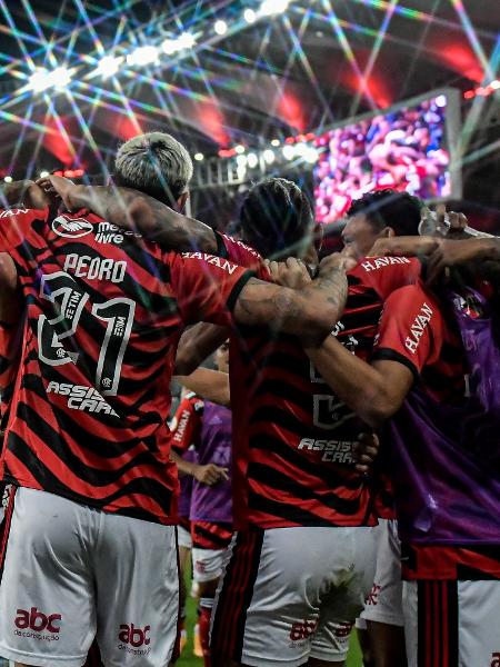 Jogadores do Flamengo comemoram gol sobre o RB Bragantino no Campeonato Brasileiro - Thiago Ribeiro/AGIF