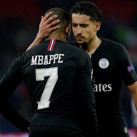 Marquinhos e Mbappé em partida pelo PSG