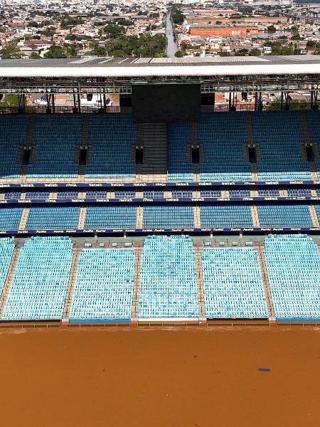 Arena do Grêmio alagada diante das chuvas no RS
