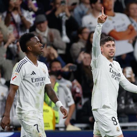 Valverde comemora após abrir o placar para o Real Madrid contra o Athletic Bilbao pelo Campeonato Espanhol Valverde comemora após abrir o placar para o Real Madrid contra o Athletic Bilbao pelo Campeonato Espanhol