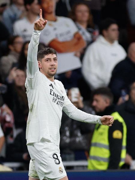 Valverde comemora após abrir o placar para o Real Madrid contra o Athletic Bilbao pelo Campeonato Espanhol Valverde comemora após abrir o placar para o Real Madrid contra o Athletic Bilbao pelo Campeonato Espanhol