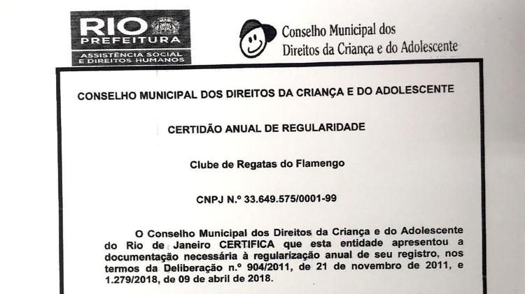 Certidão anual de regularidade emitida pelo Conselho Municipal dos Direitos da Crianaça e do Adolescente para o Flamengo, válida até abril de 2019 - Reprodução - Reprodução