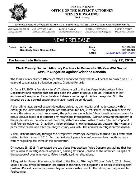 promotoria cristiano ronaldo - reprodução/Clark County District Attorney - reprodução/Clark County District Attorney