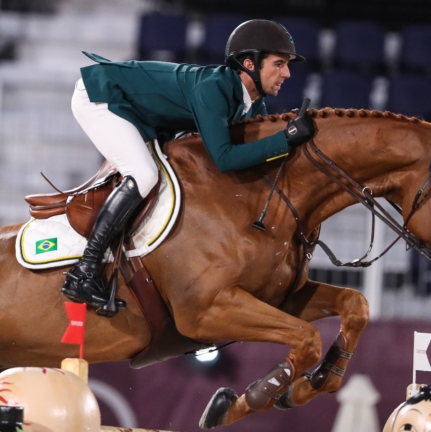 Cavaleiro No Cavalo Da Baía No Salto Esportivo No Congresso