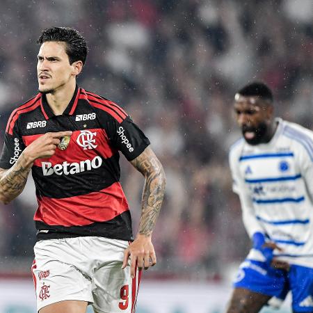 Pedro, do Flamengo, comemora gol contra o Cruzeiro enquanto Gerson reclama ao fundo