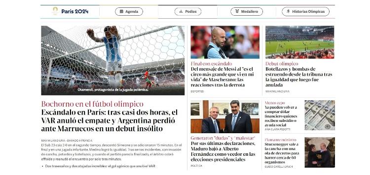 Capa do site do Clarín após derrota da Argentina no futebol masculino nas Olimpíadas 2024