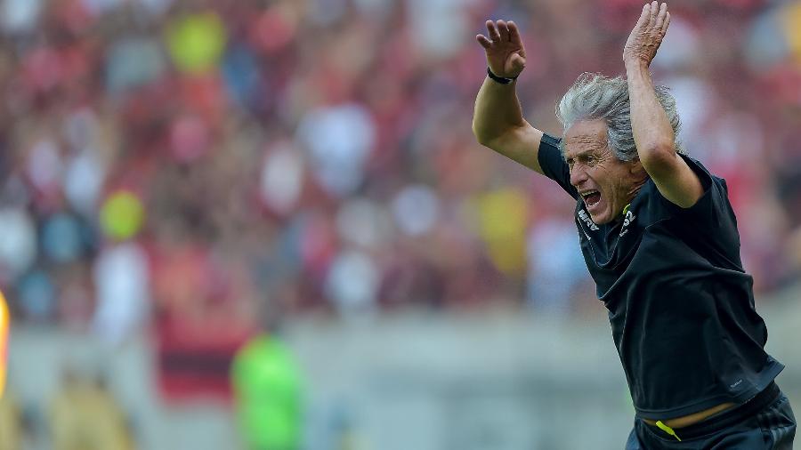 Técnico Jorge Jesus reage durante jogo do Flamengo contra o Goiás - Thiago Ribeiro/AGIF