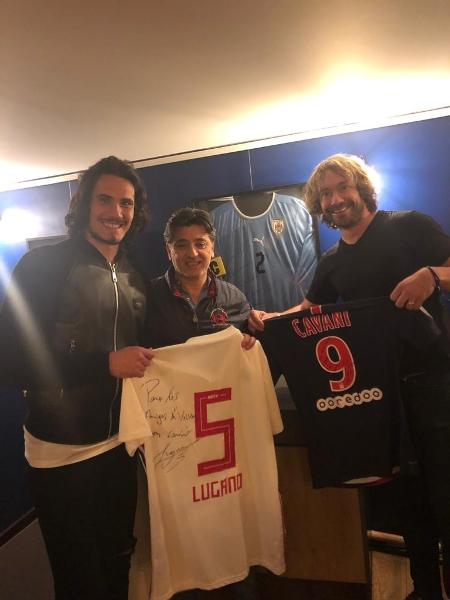 Cavani e Lugano junto com um empresário argentino em encontro de maio de 2019 postado no Twitter - Reprodução/Twitter