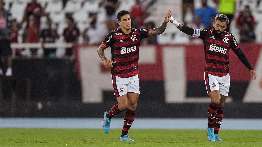 Pedro e Gabigol comemoram gol do Flamengo sobre o Botafogo, em fevereiro; altos e baixos do time atrapalham a vida na seleção - Thiago Ribeiro/AGIF