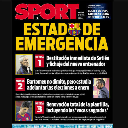 Jornal catalão Sport destaca possível reformulação do Barcelona - Reprodução