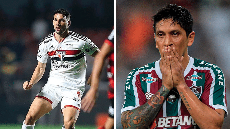 Os atacantes argentinos Calleri, do São Paulo, e Germán Cano, do Fluminense, em ação em suas respectivas partidas da semifinal da Copa do Brasil - Montagem/UOL Esporte