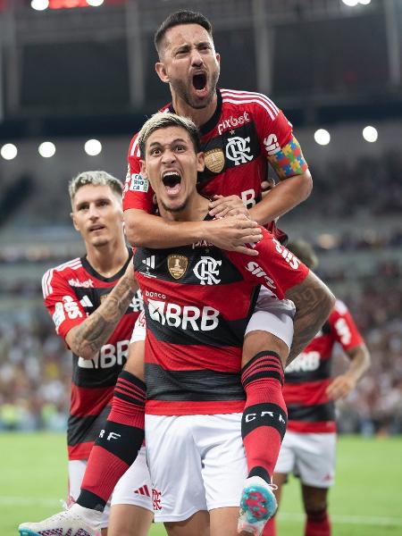 Pedro comemora com Everton Ribeiro após marcar para o Flamengo contra o Fluminense pela final do Campeonato Carioca