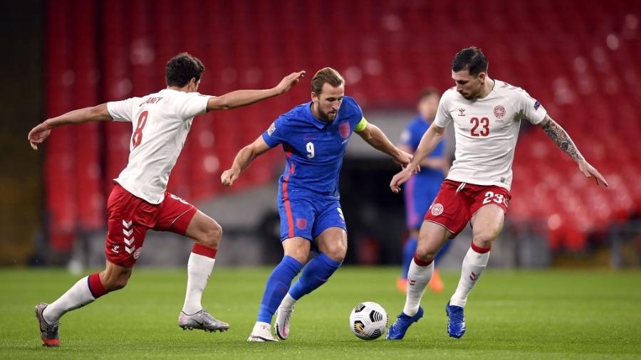 Harry Kane durante a partida entre Inglaterra e Dinamarca, pela Liga das Nações - PA Images via Getty Images