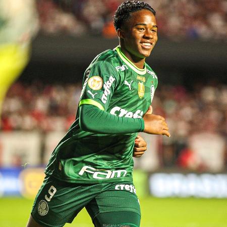 Endrick, do Palmeiras, comemora gol contra o São Paulo pelo Brasileirão - Mariana Kasten/AGIF