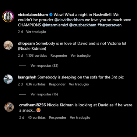 Comentários sobre a "secada" de Nicole Kidman em David Beckham no instagram de Victoria