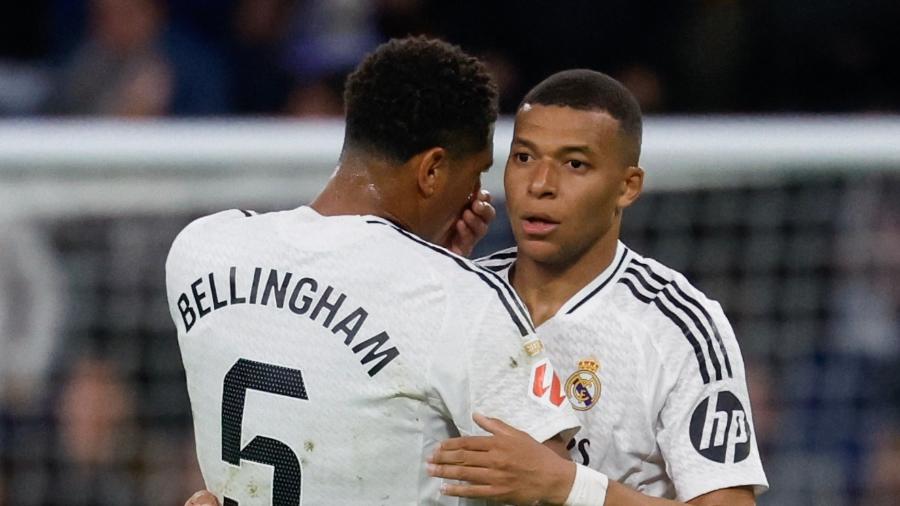Mbappé comemora gol do Real Madrid sobre o Mallorca em jogo do Campeonato Espanhol