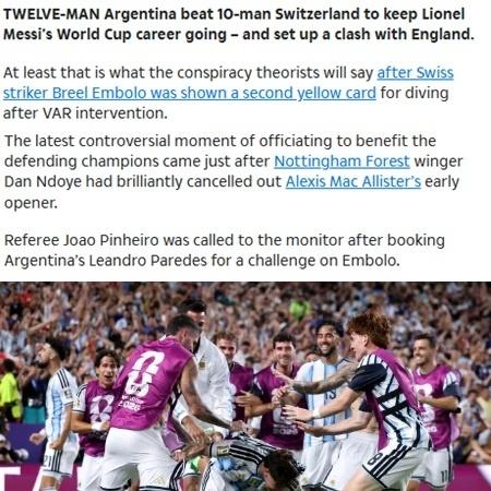 Jornal inglês disse que Argentina venceu a Suíça com '12 homens' - undefined