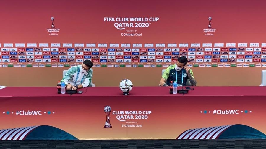 Abel Ferreira e Gustavo Gómez durante entrevista coletiva em Doha, antes do Mundial - Divulgação