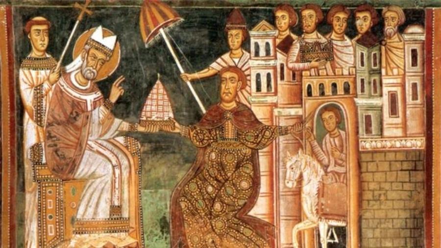 Afresco de autor desconhecido mostra o papa Silvestre e o imperador romano Constantino - Domínio público