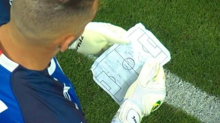 Weverton, goleiro do Palmeiras, lê papel durante jogo com Corinthians - Reprodução/TvGlobo - Reprodução/TvGlobo